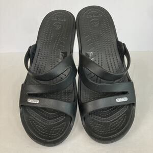 NWOT Crocs Patricia Black Strappy Low Wedge Heel Slip On Sandals Women's Size 9